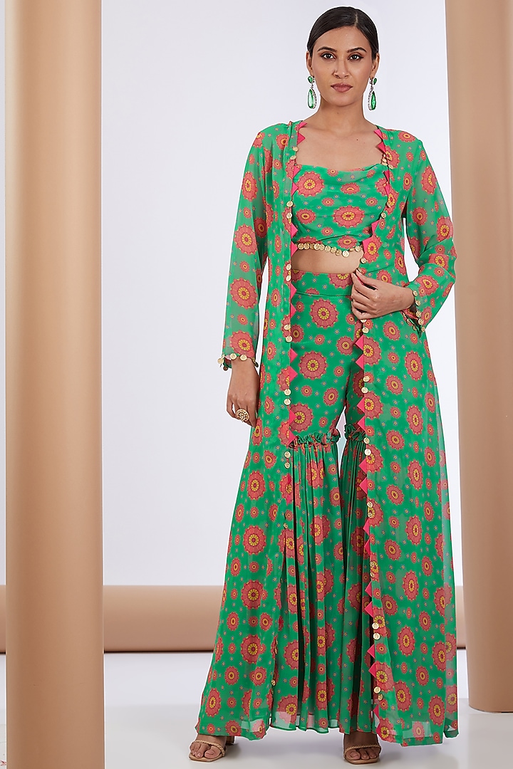 Green Georgette Printed Cape Set by Neha khullar