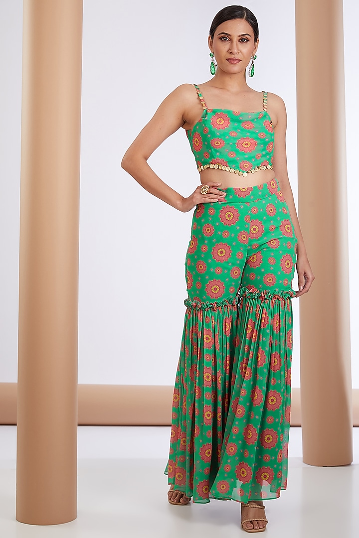 Green Georgette Printed Cape Set by Neha khullar at Pernia's Pop Up Shop