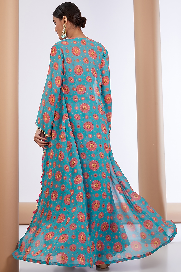Blue Georgette Printed Cape Set by Neha khullar at Pernia's Pop Up Shop