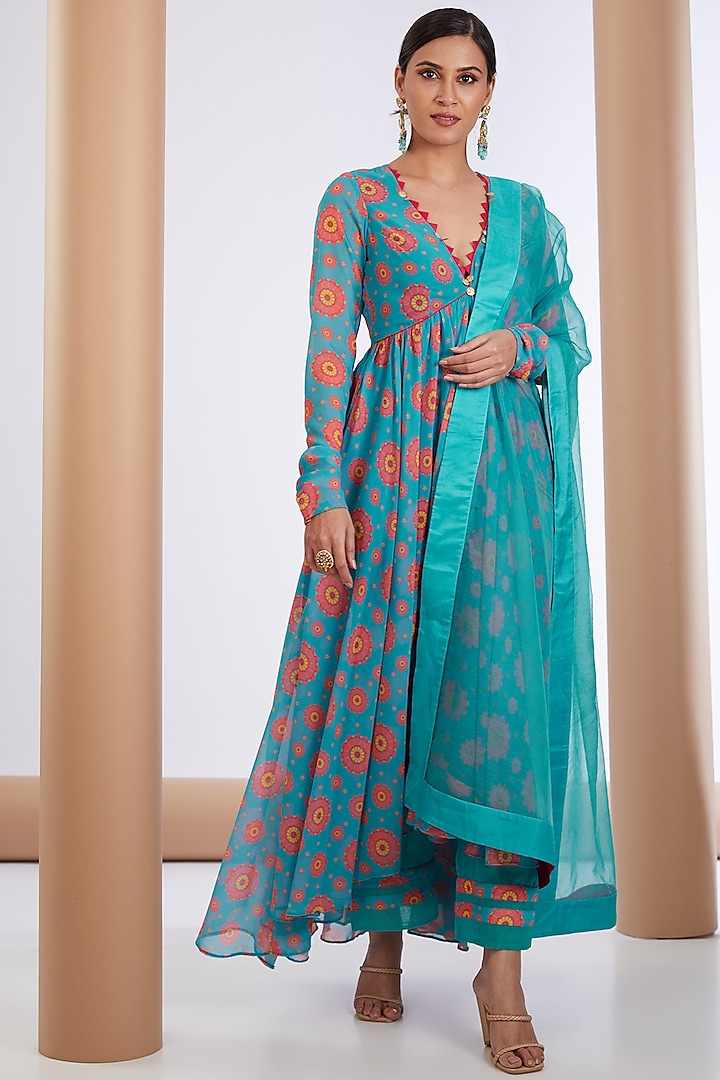 Blue Georgette Printed & Embellished Anarkali Set by Neha khullar