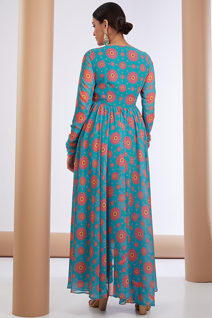 Blue Georgette Printed & Embellished Anarkali Set by Neha khullar at Pernia's Pop Up Shop