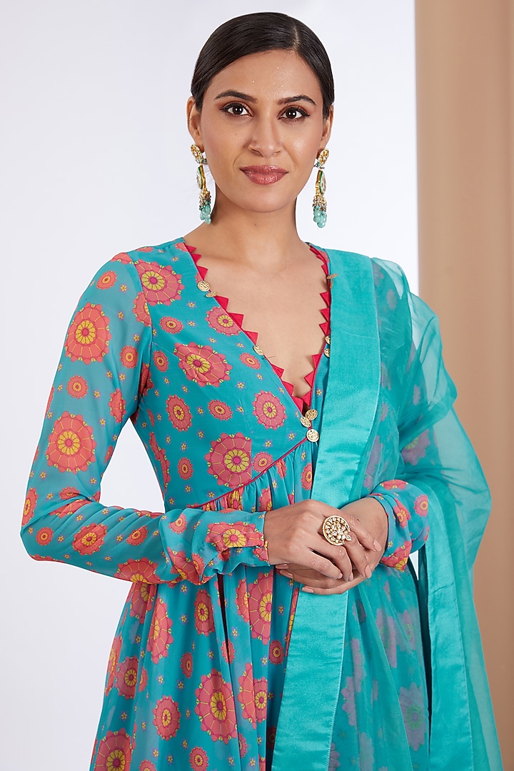Blue Georgette Printed & Embellished Anarkali Set by Neha khullar at Pernia's Pop Up Shop