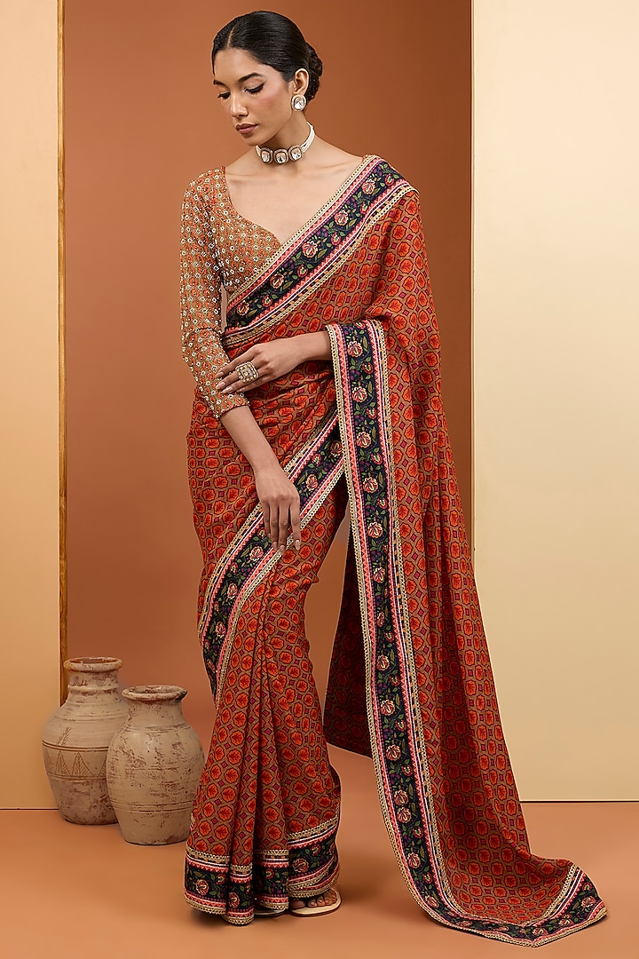 Rust Viscose Chiffon Digital Printed Saree Set by Neha Khullar at Pernia's Pop Up Shop