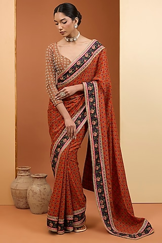 Rust Viscose Chiffon Digital Printed Saree Set by Neha Khullar