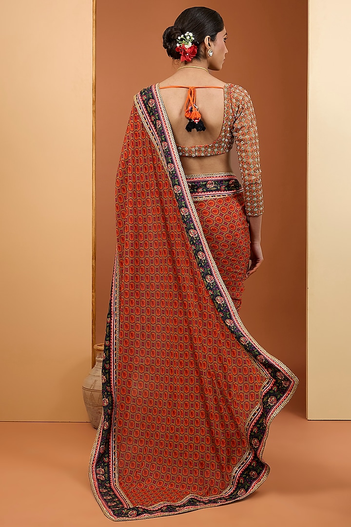 Rust Viscose Chiffon Digital Printed Wedding Saree Set by Neha Khullar at Pernia's Pop Up Shop