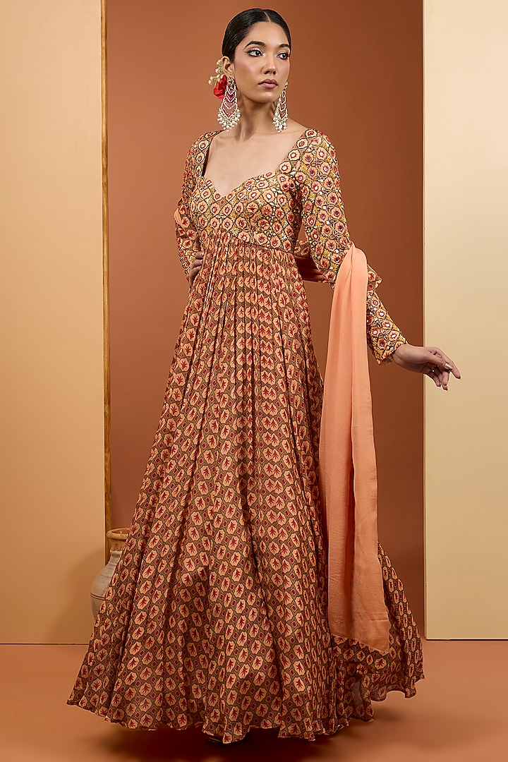 Beige Viscose Chiffon Printed & Embroidered Anarkali Set by Neha Khullar at Pernia's Pop Up Shop