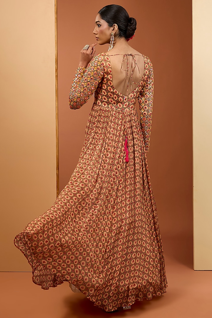Beige Viscose Chiffon Printed & Embroidered Wedding Anarkali Set by Neha Khullar at Pernia's Pop Up Shop