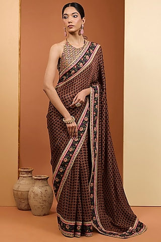 Black Viscose Chiffon Digital Printed Saree Set by Neha Khullar