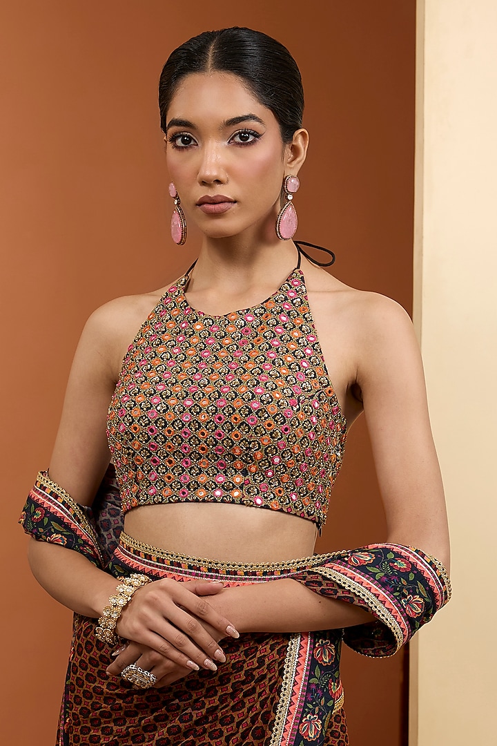 Black Viscose Chiffon Digital Printed Wedding Saree Set by Neha Khullar at Pernia's Pop Up Shop