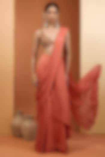 Rust Viscose Chinon Pre-Draped Saree Set by Neha Khullar at Pernia's Pop Up Shop