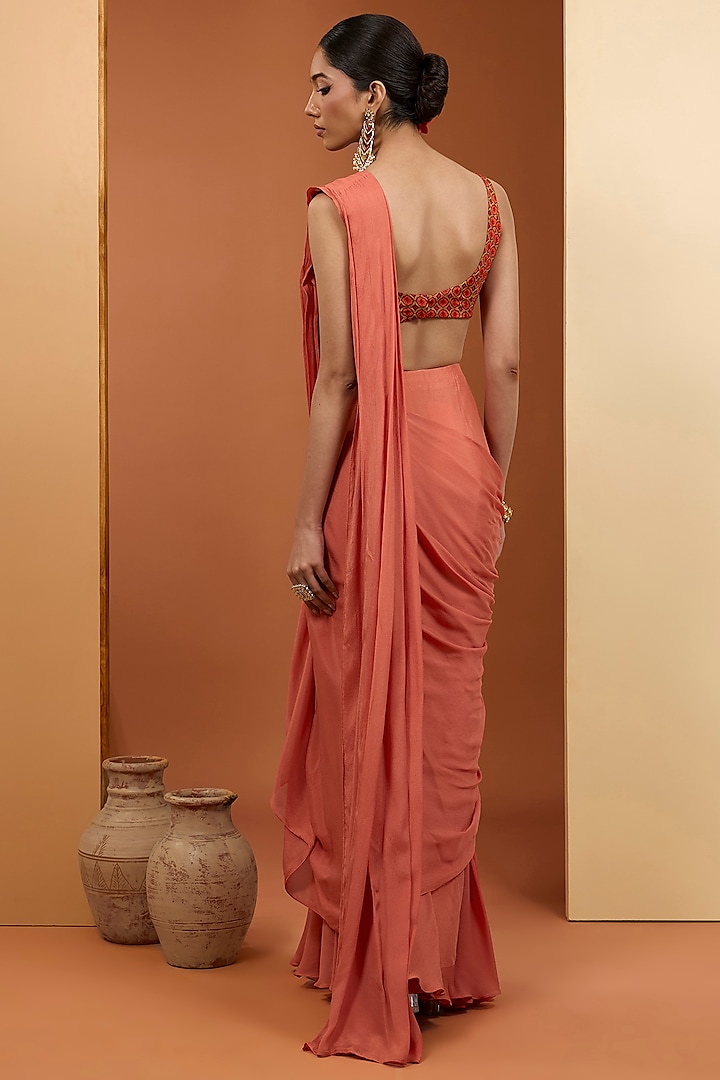 Rust Viscose Chinon Pre-Draped Wedding Saree Set by Neha Khullar at Pernia's Pop Up Shop