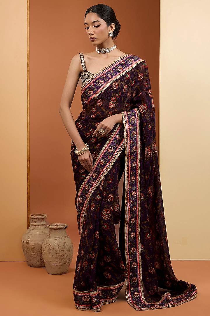 Purple Viscose Organza Digital Printed Pre-Draped Saree Set by Neha Khullar at Pernia's Pop Up Shop