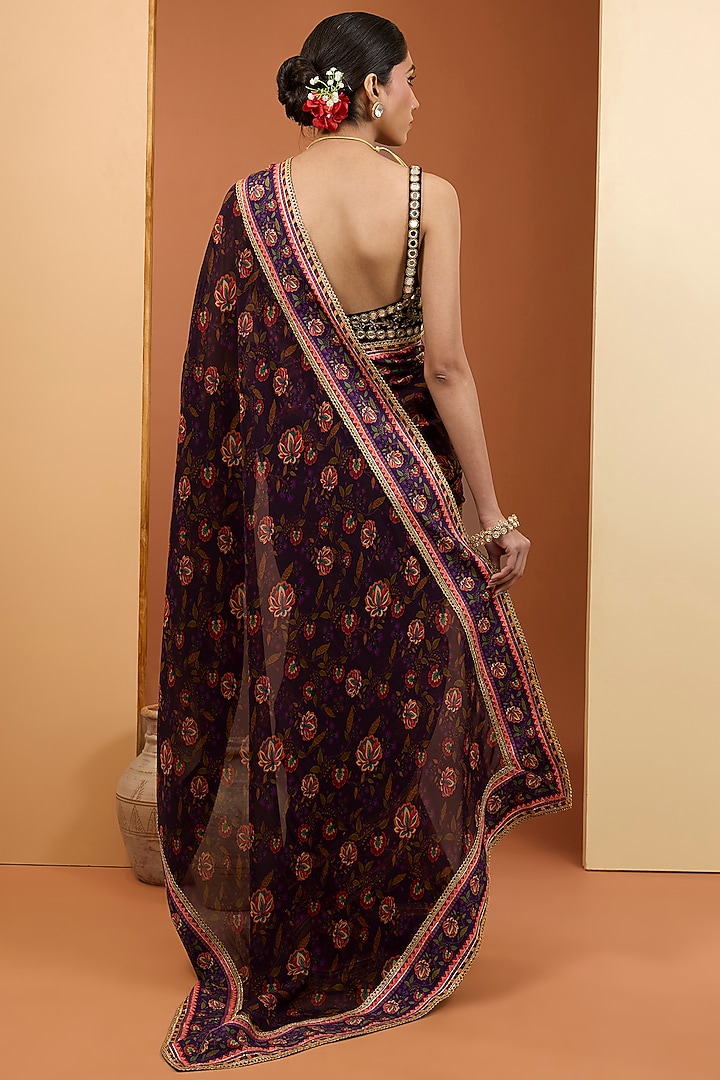 Purple Viscose Organza Digital Printed Pre-Draped Wedding Saree Set by Neha Khullar at Pernia's Pop Up Shop