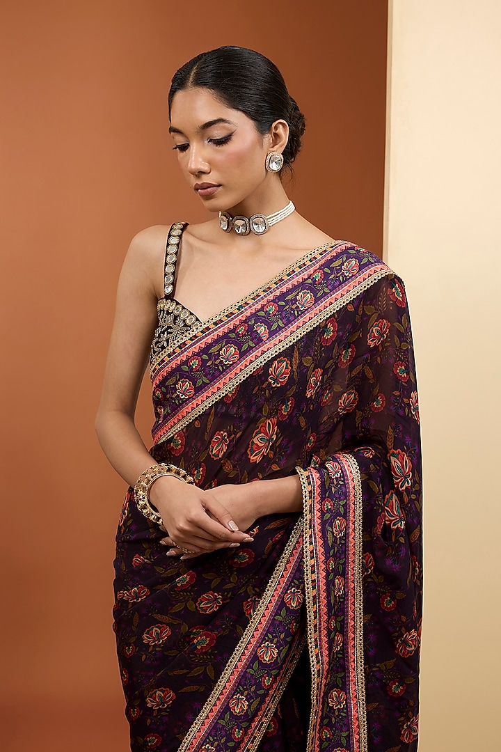 Purple Viscose Organza Digital Printed Pre-Draped Wedding Saree Set by Neha Khullar at Pernia's Pop Up Shop