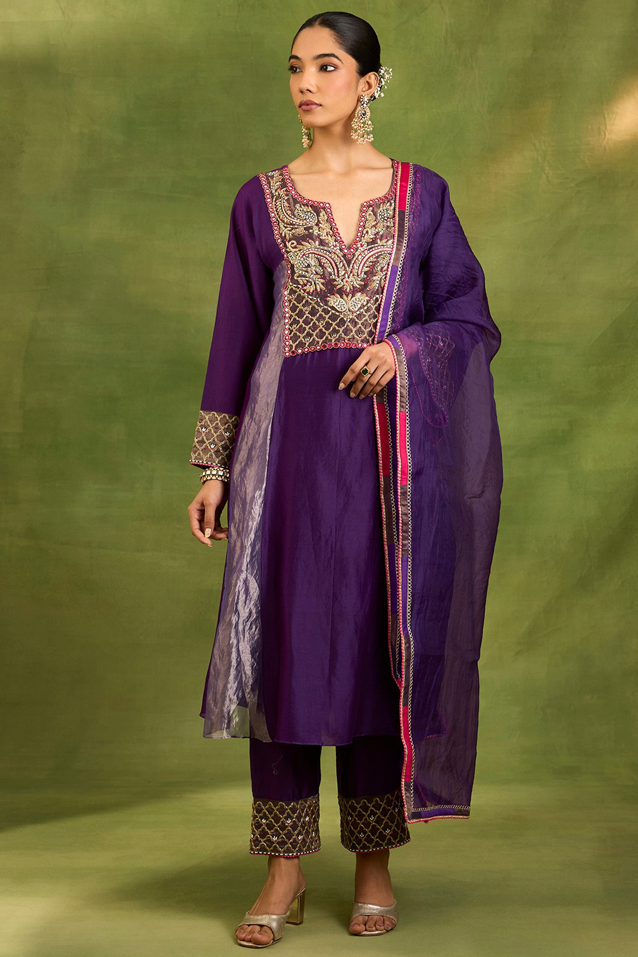 Neha khullar Purple Tissue Silk Zardosi Hand Embroidered Kurta Set