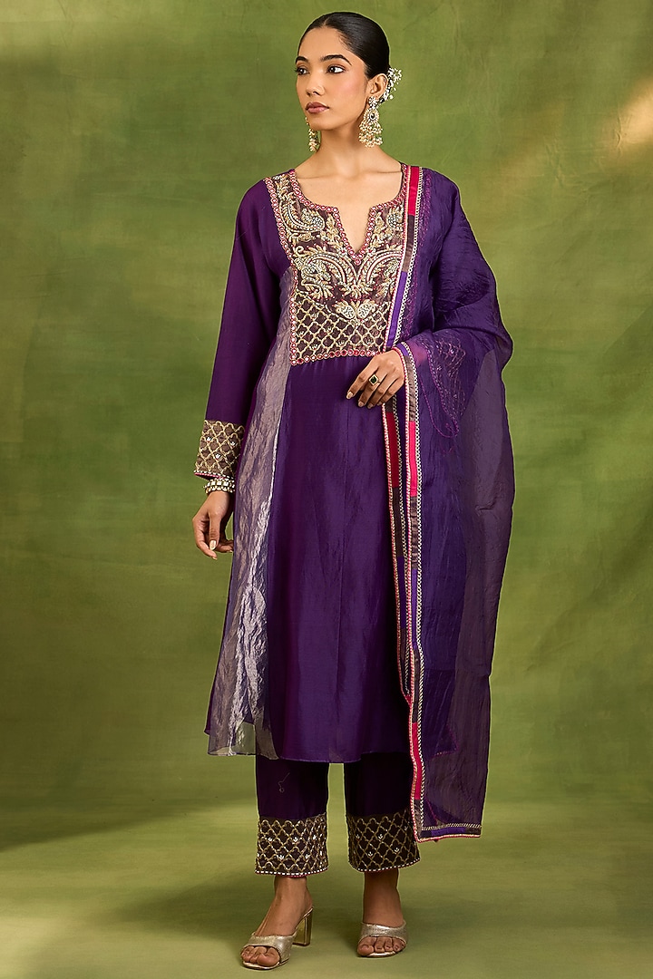 Purple Tissue Silk Zardosi Hand Embroidered Kurta Set by Neha khullar at Pernia's Pop Up Shop