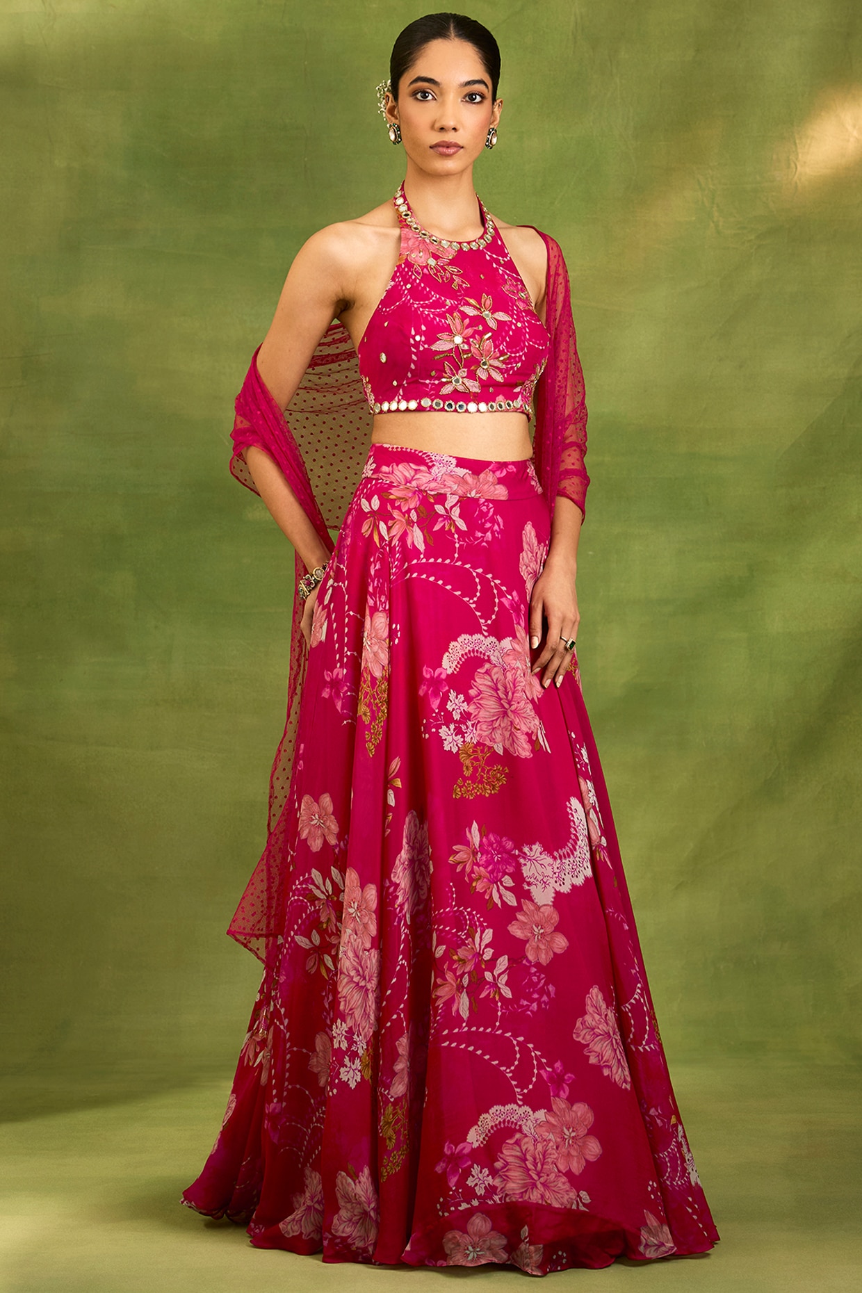 Neha khullar Fuchsia Organza Floral Printed & Mirror Embroidered Lehenga Set