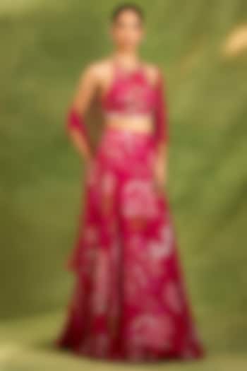 Fuchsia Organza Floral Printed & Mirror Embroidered Wedding Lehenga Set by Neha khullar at Pernia's Pop Up Shop