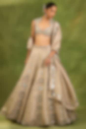 Ivory Tissue Silk Mirror Hand Embroidered Bridal Bridal Lehenga Set by Neha khullar at Pernia's Pop Up Shop