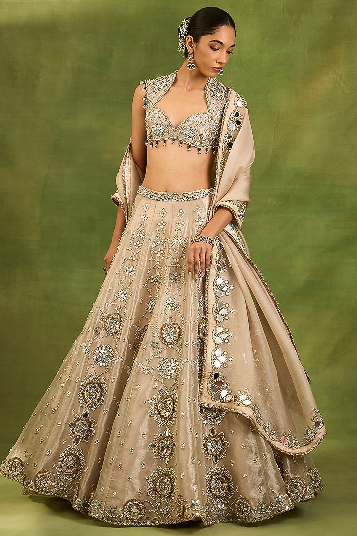 Ivory Tissue Silk Mirror Hand Embroidered Bridal Bridal Lehenga Set by Neha khullar at Pernia's Pop Up Shop