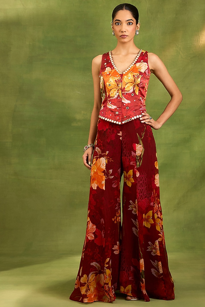 Maroon Organza Floral Printed Party Wear Sharara Set by Neha khullar at Pernia's Pop Up Shop
