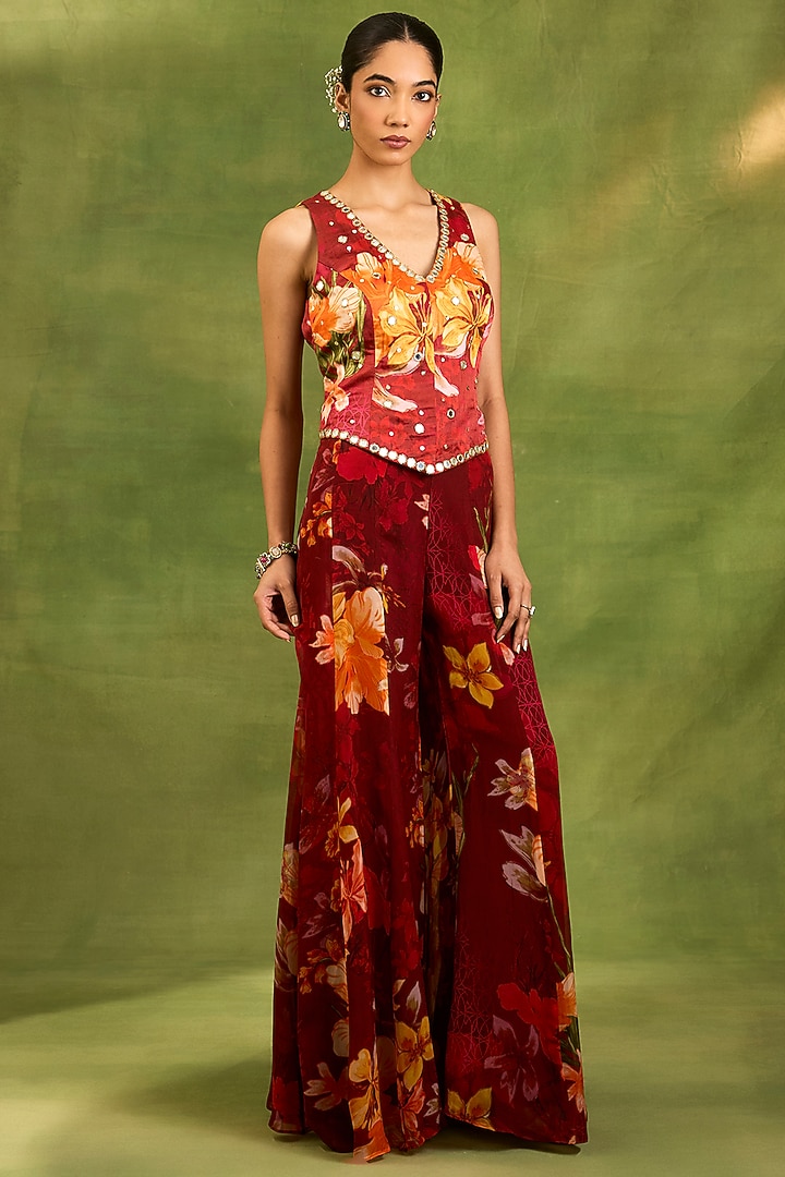 Maroon Organza Floral Printed Party Wear Sharara Set by Neha khullar at Pernia's Pop Up Shop