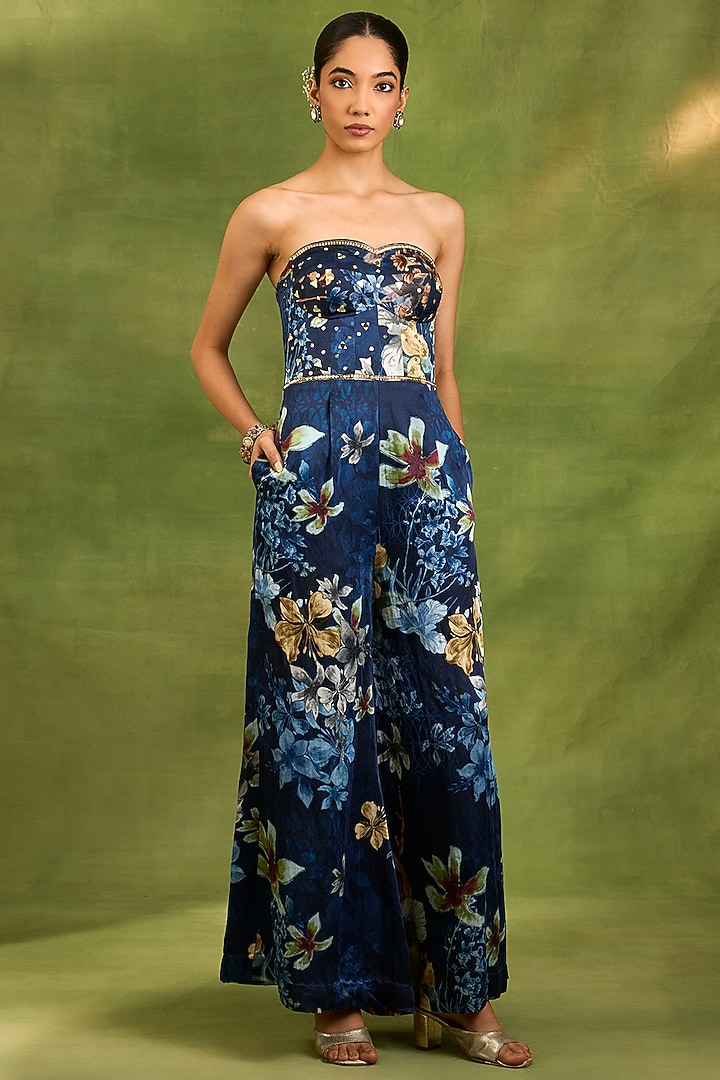 Blue Raw Silk Floral Printed Jumpsuit by Neha khullar at Pernia's Pop Up Shop