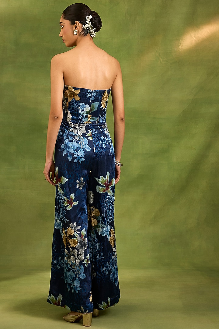 Blue Raw Silk Floral Printed Jumpsuit by Neha khullar at Pernia's Pop Up Shop