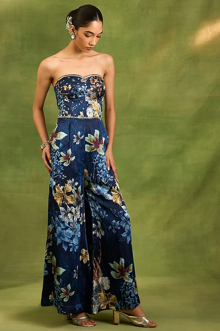 Blue Raw Silk Floral Printed Jumpsuit by Neha khullar at Pernia's Pop Up Shop