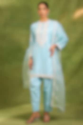 Blue Chanderi Silk Sequin Embroidered Kurta Set by Neha khullar at Pernia's Pop Up Shop