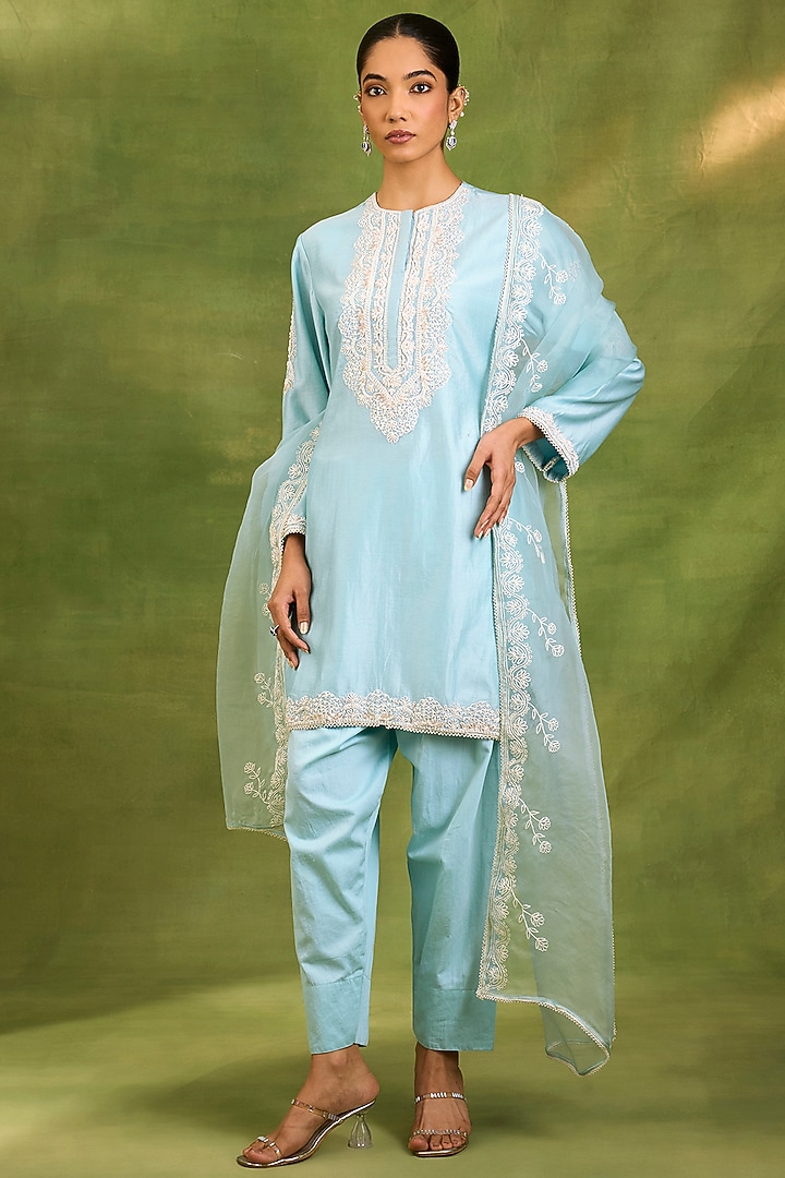 Blue Chanderi Silk Sequin Embroidered Kurta Set by Neha khullar at Pernia's Pop Up Shop