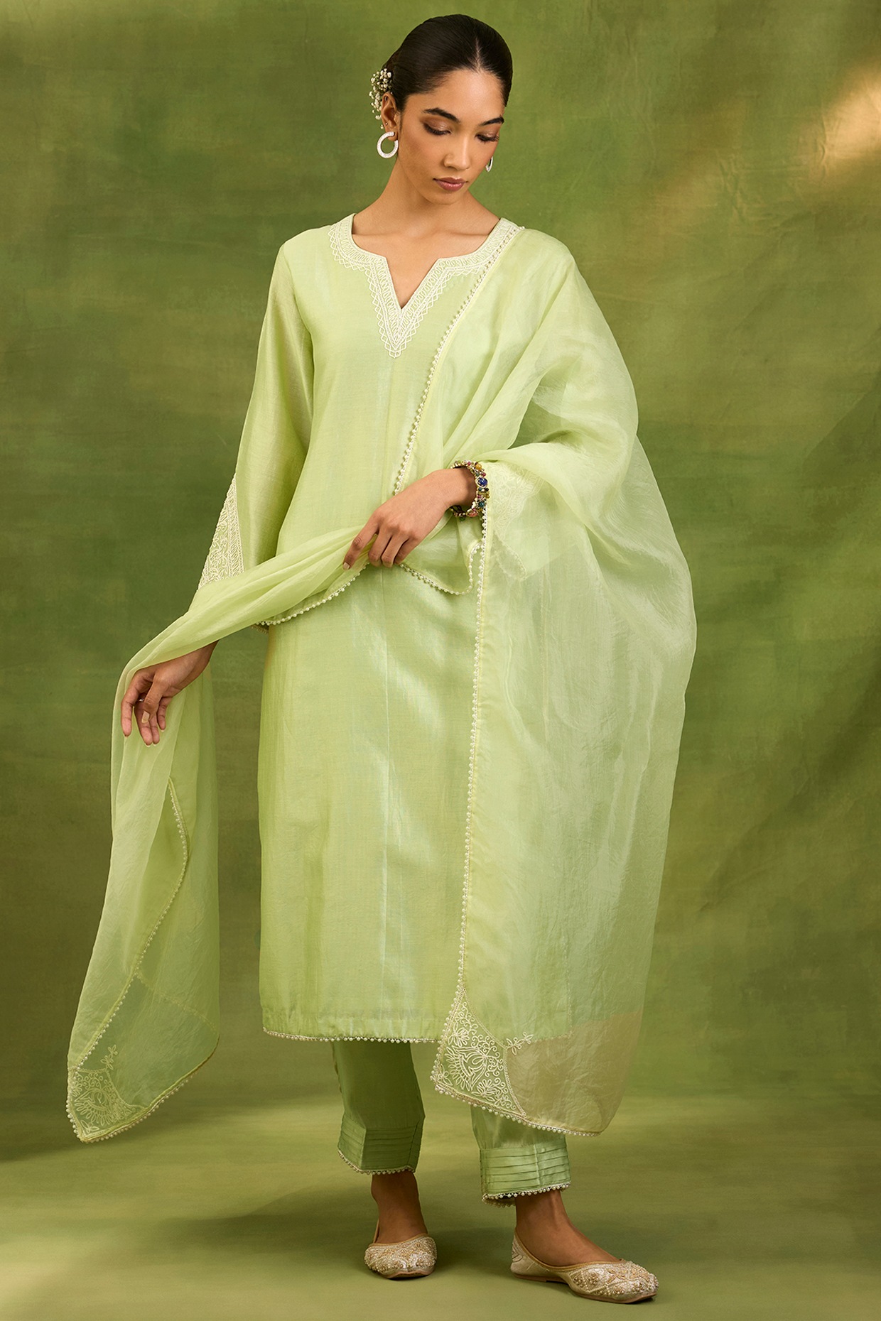 Neha khullar Mint Green Chanderi Silk Dori Embroidered Kurta Set