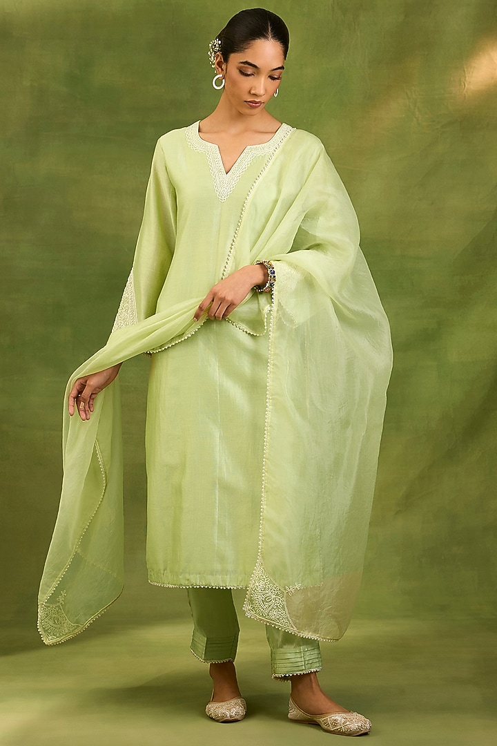 Mint Green Chanderi Silk Dori Embroidered Kurta Set by Neha khullar at Pernia's Pop Up Shop