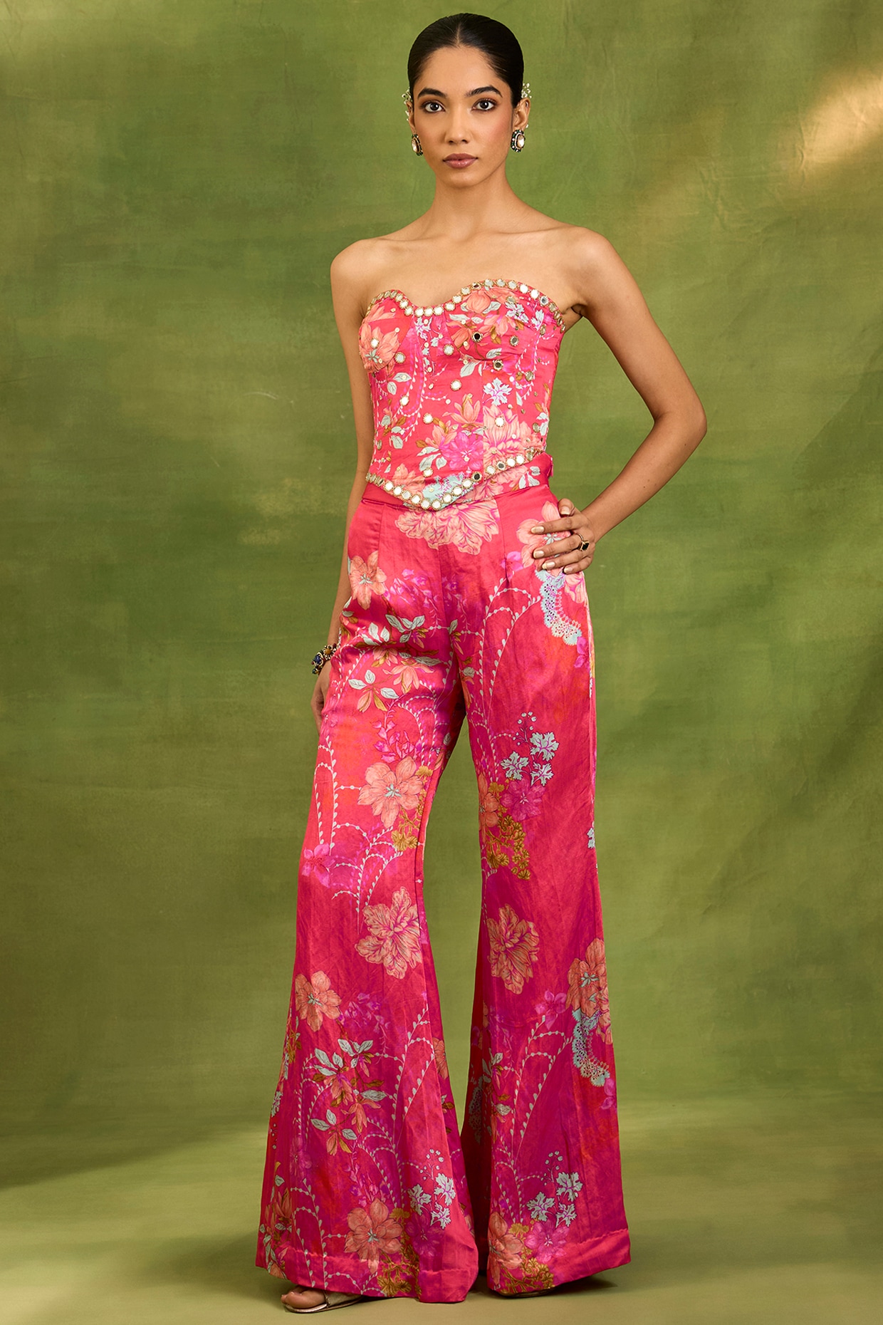 Neha khullar Fuchsia Raw Silk Floral Printed Pant Set