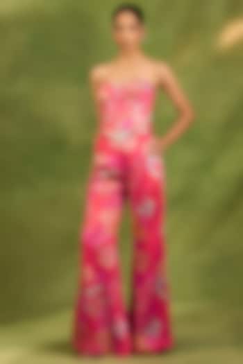 Fuchsia Raw Silk Floral Printed Pant Set by Neha khullar at Pernia's Pop Up Shop