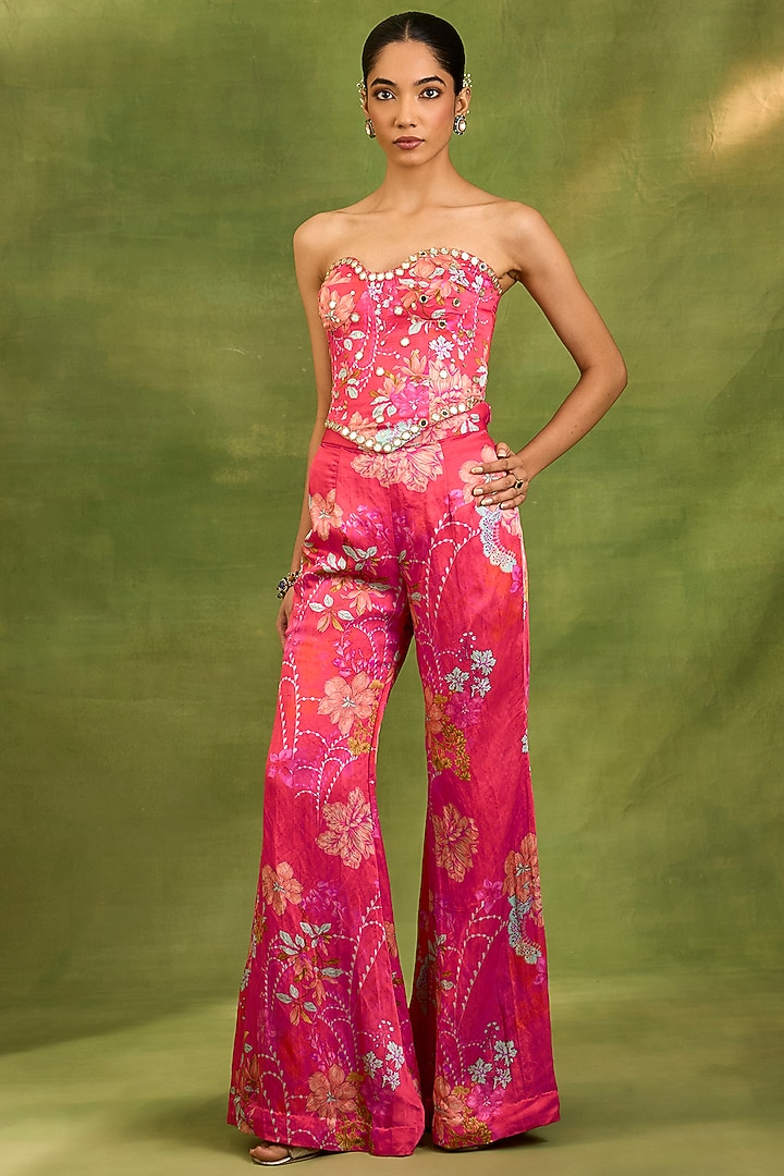 Fuchsia Raw Silk Floral Printed Pant Set by Neha khullar at Pernia's Pop Up Shop