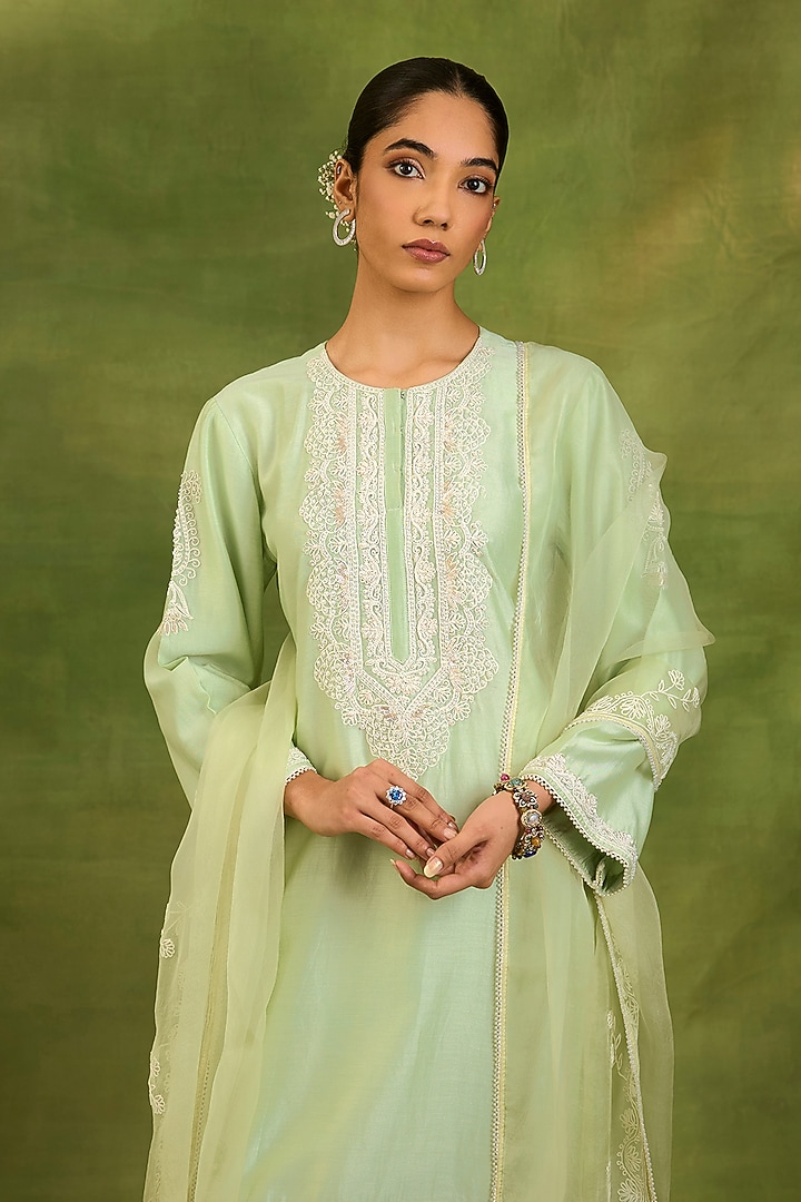 Mint Green Chanderi Silk Sequin Embroidered Kurta Set by Neha khullar at Pernia's Pop Up Shop