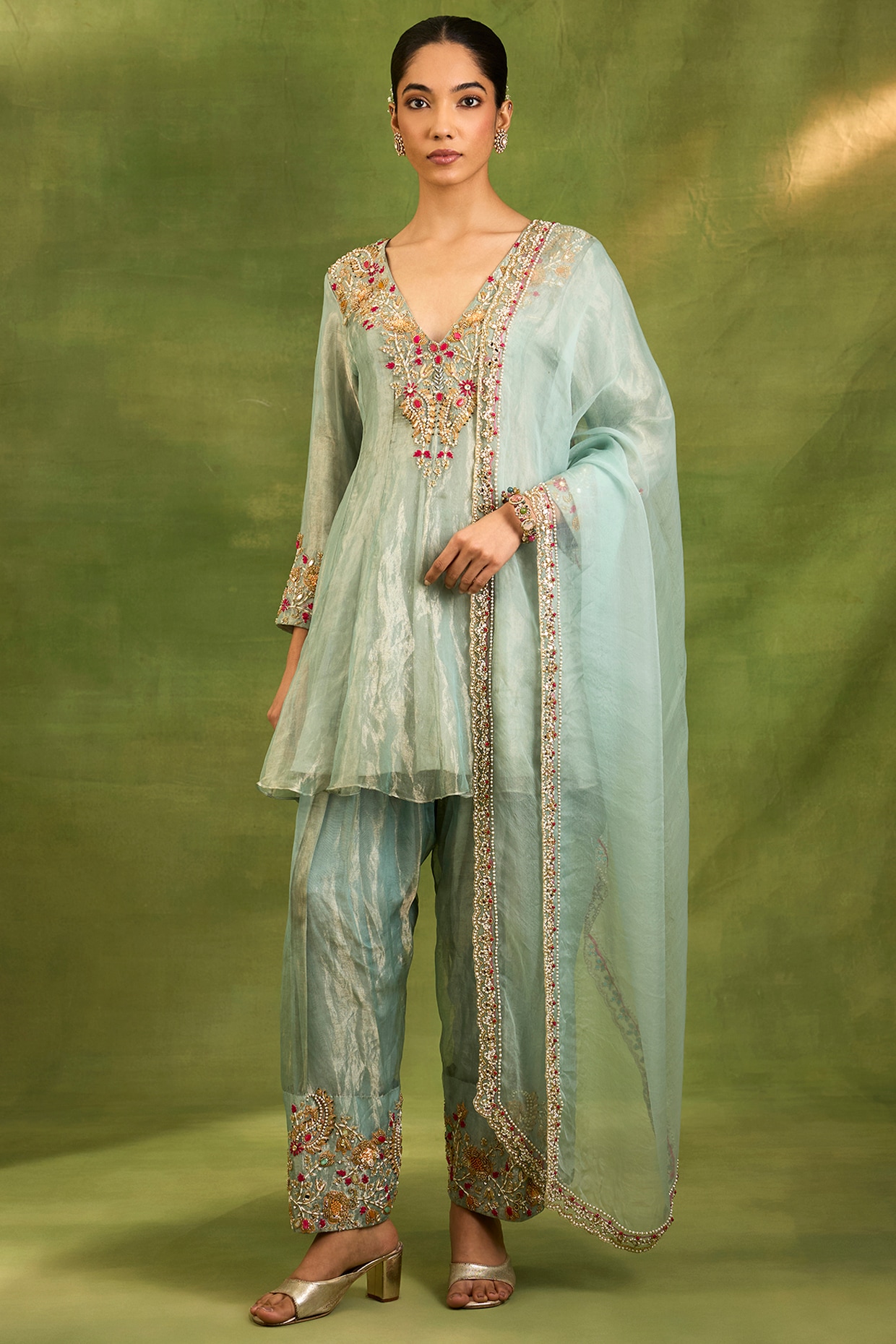 Neha khullar Blue Tissue Silk Zardosi Hand Embroidered Kurta Set