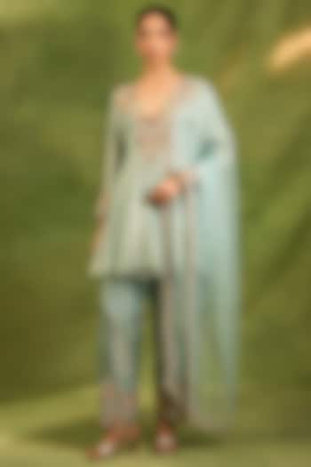 Blue Tissue Silk Zardosi Hand Embroidered Kurta Set by Neha khullar at Pernia's Pop Up Shop