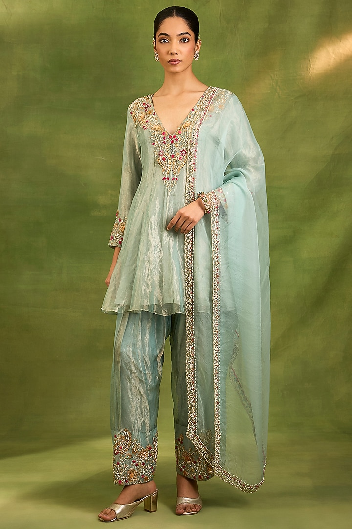 Blue Tissue Silk Zardosi Hand Embroidered Kurta Set by Neha khullar at Pernia's Pop Up Shop