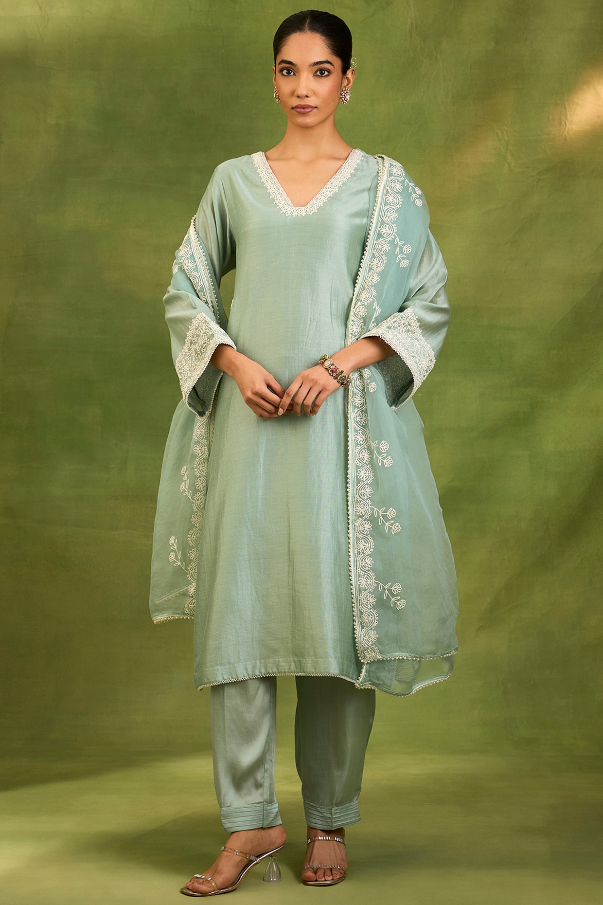 Neha khullar Dusty Blue Chanderi Silk Dori Embroidered Kurta Set