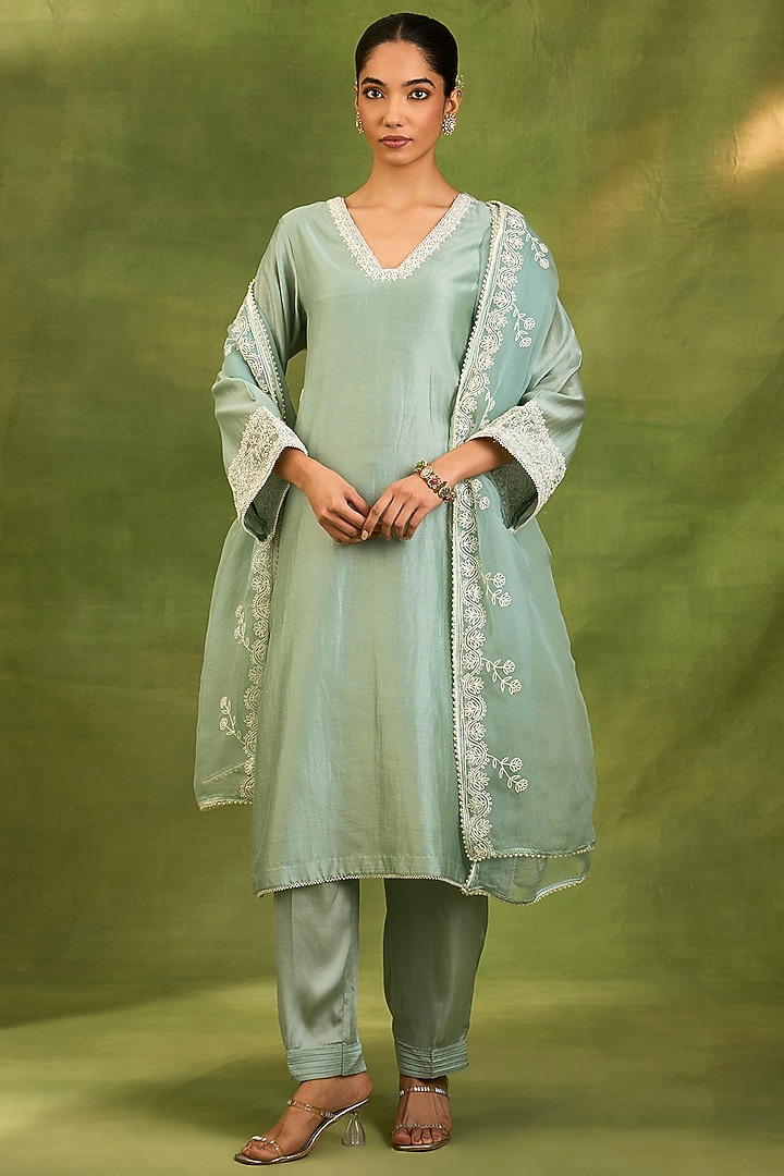 Dusty Blue Chanderi Silk Dori Embroidered Kurta Set by Neha khullar at Pernia's Pop Up Shop