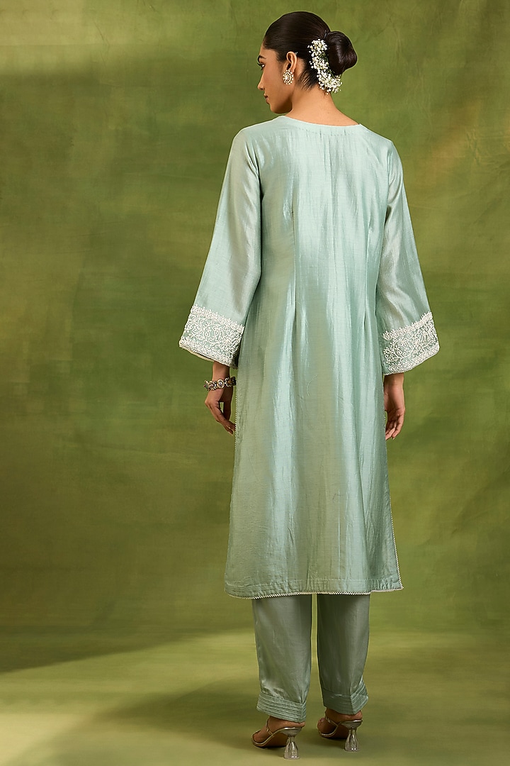 Dusty Blue Chanderi Silk Dori Embroidered Kurta Set by Neha khullar at Pernia's Pop Up Shop