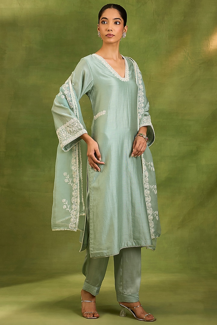 Dusty Blue Chanderi Silk Dori Embroidered Kurta Set by Neha khullar at Pernia's Pop Up Shop