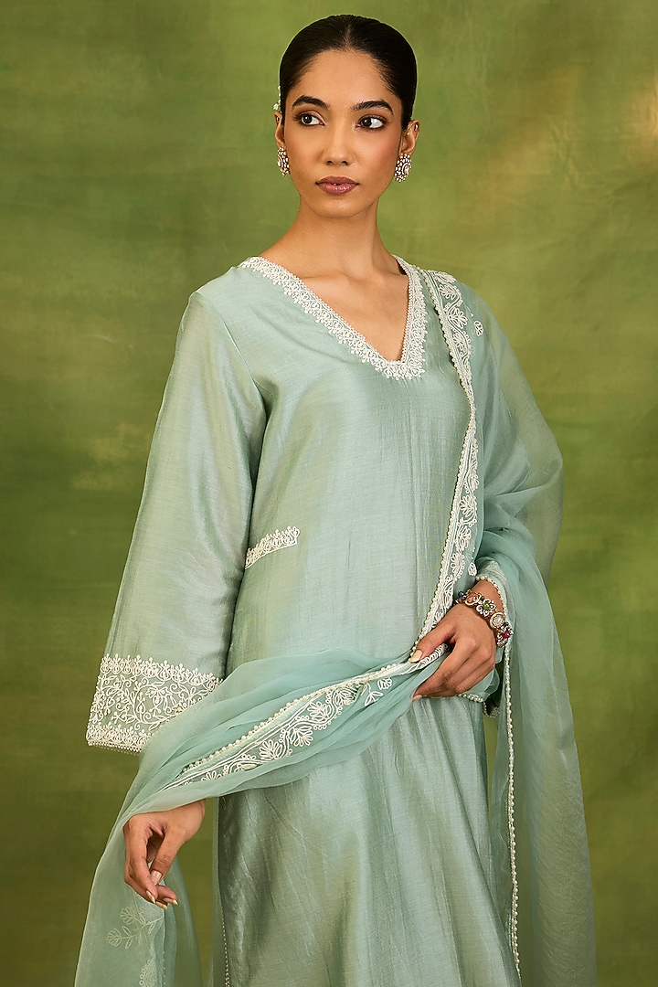 Dusty Blue Chanderi Silk Dori Embroidered Kurta Set by Neha khullar at Pernia's Pop Up Shop