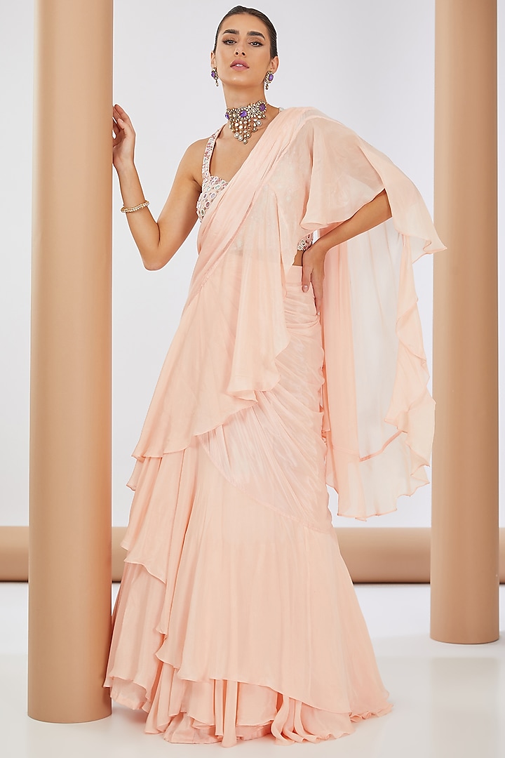 Peach Chiffon Pre-Draped Saree Set by Neha Khullar