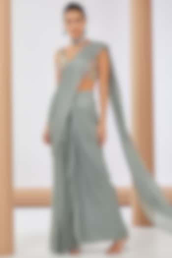 Green Chiffon Pre-Draped Party Wear Saree Set by Neha Khullar at Pernia's Pop Up Shop