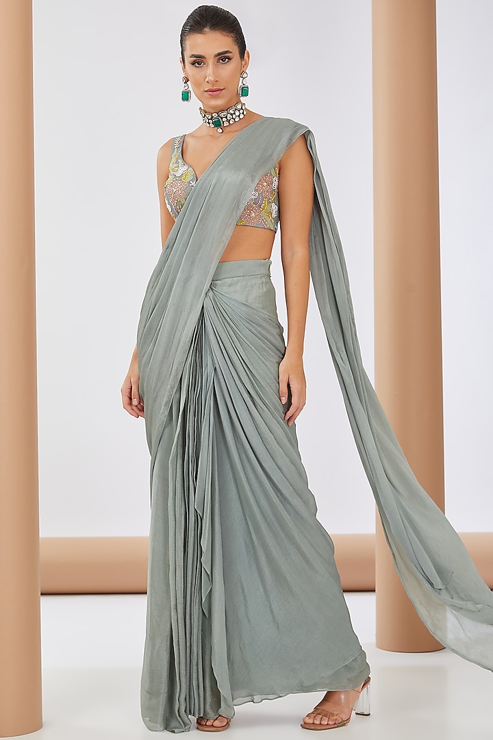 Green Chiffon Pre-Draped Party Wear Saree Set by Neha Khullar at Pernia's Pop Up Shop