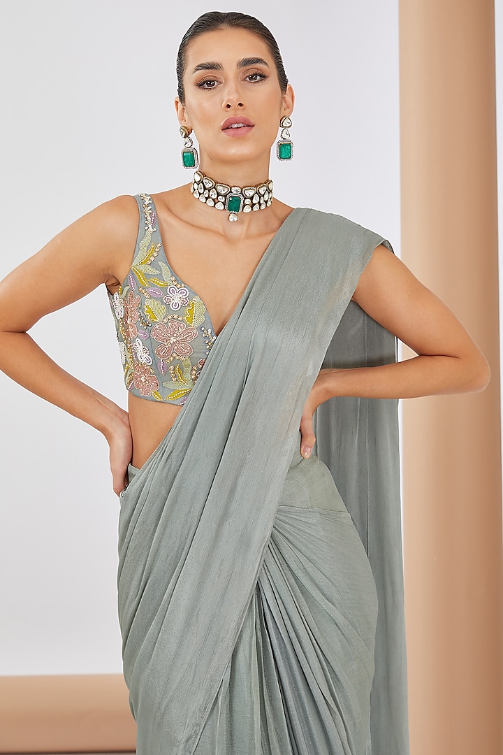 Green Chiffon Pre-Draped Wedding Saree Set by Neha Khullar at Pernia's Pop Up Shop
