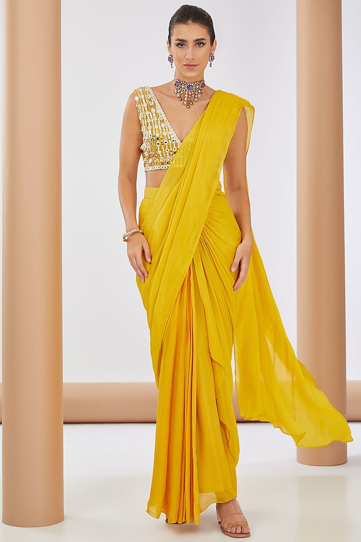 Yellow Chiffon Pre-Draped Saree Set by Neha Khullar